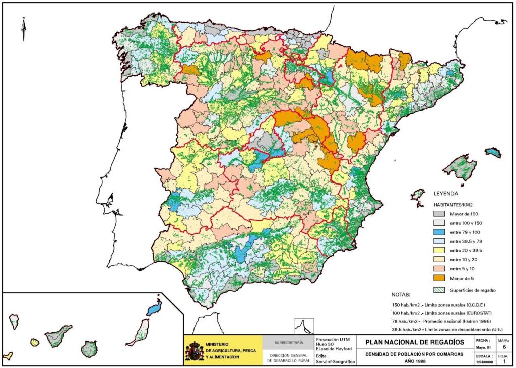 Mapa de España que representa la densidad de la población por comarcas en el año 1998
