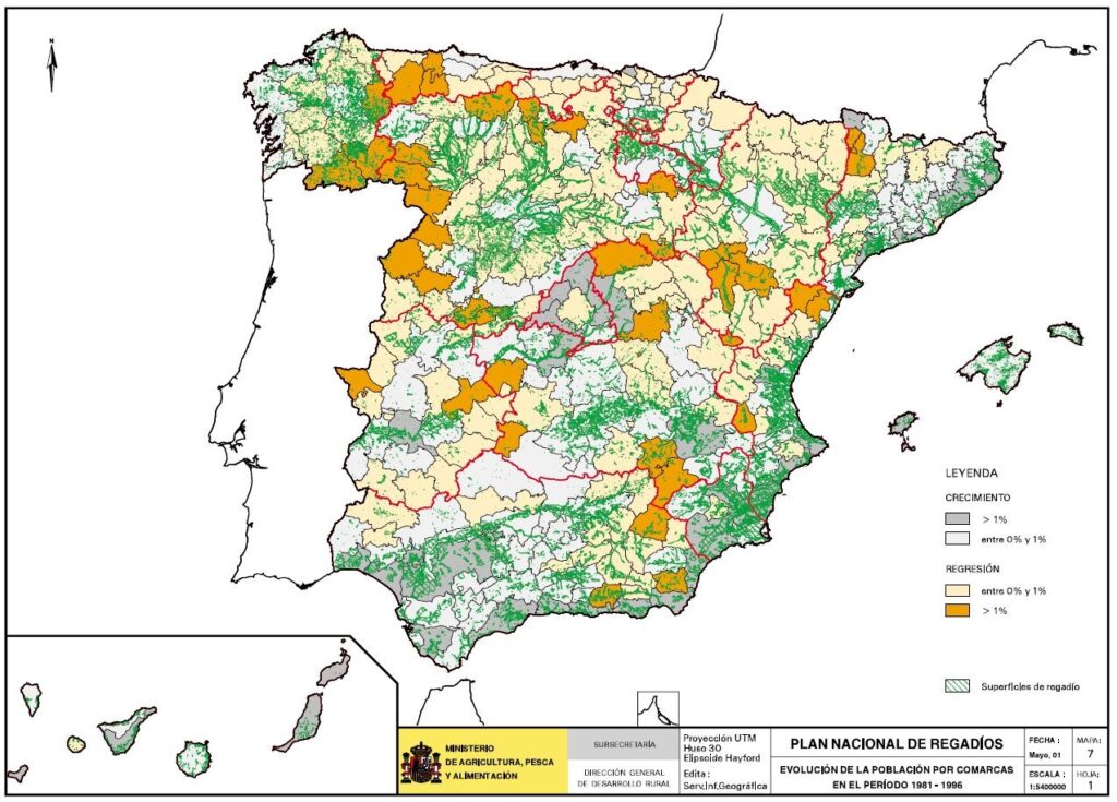 Mapa de España que representa la evolución de la población por comarcas entre los años 1981 y 1996