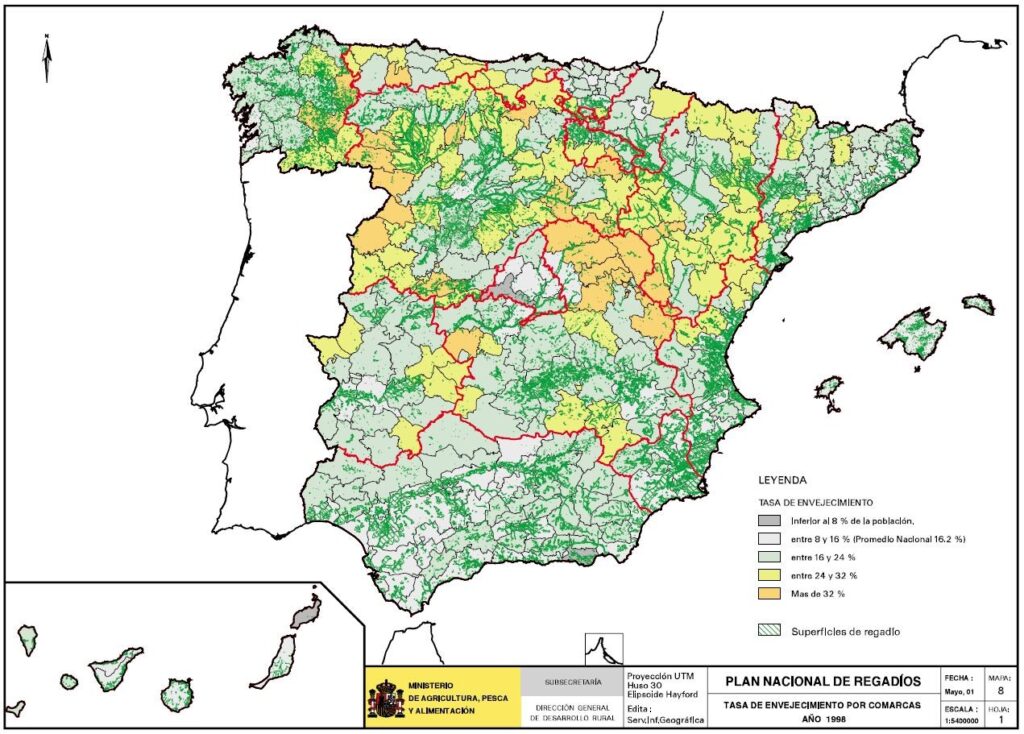 Mapa de España que representa la tasa de envejecimiento de la población por comarcas en el año 1998