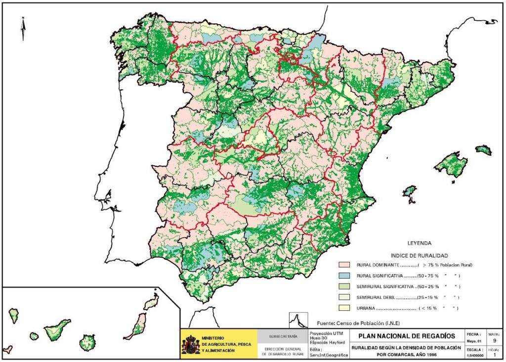 Mapa de España que representa la ruralidad según densidad de población por comarcas en el año 1996