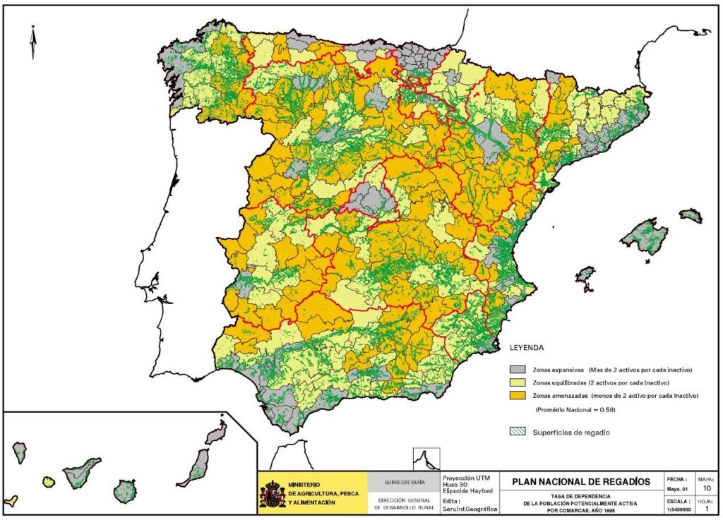 Mapa de España de la tasa de dependencia de la población potencialmente activa en 1998