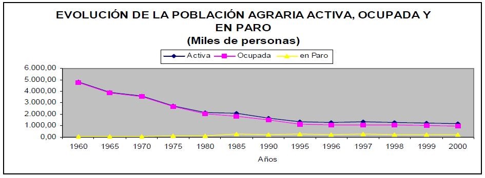Gráfica evolutiva de la población total activa, ocupada y en paro entre 1960 y 2000