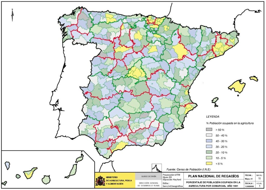 Mapa de España que representa la población ocupada en la agricultura por comarcas en el año 1991