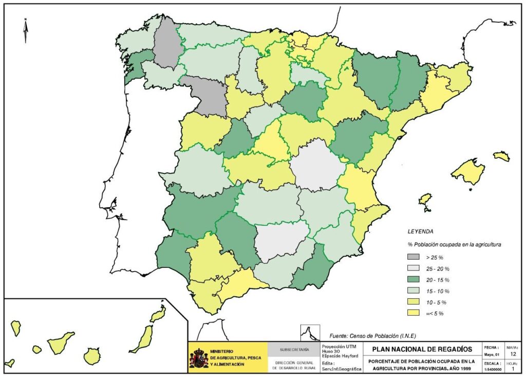 Mapa de España que representa la población ocupada en la agricultura por comarcas en el año 2000