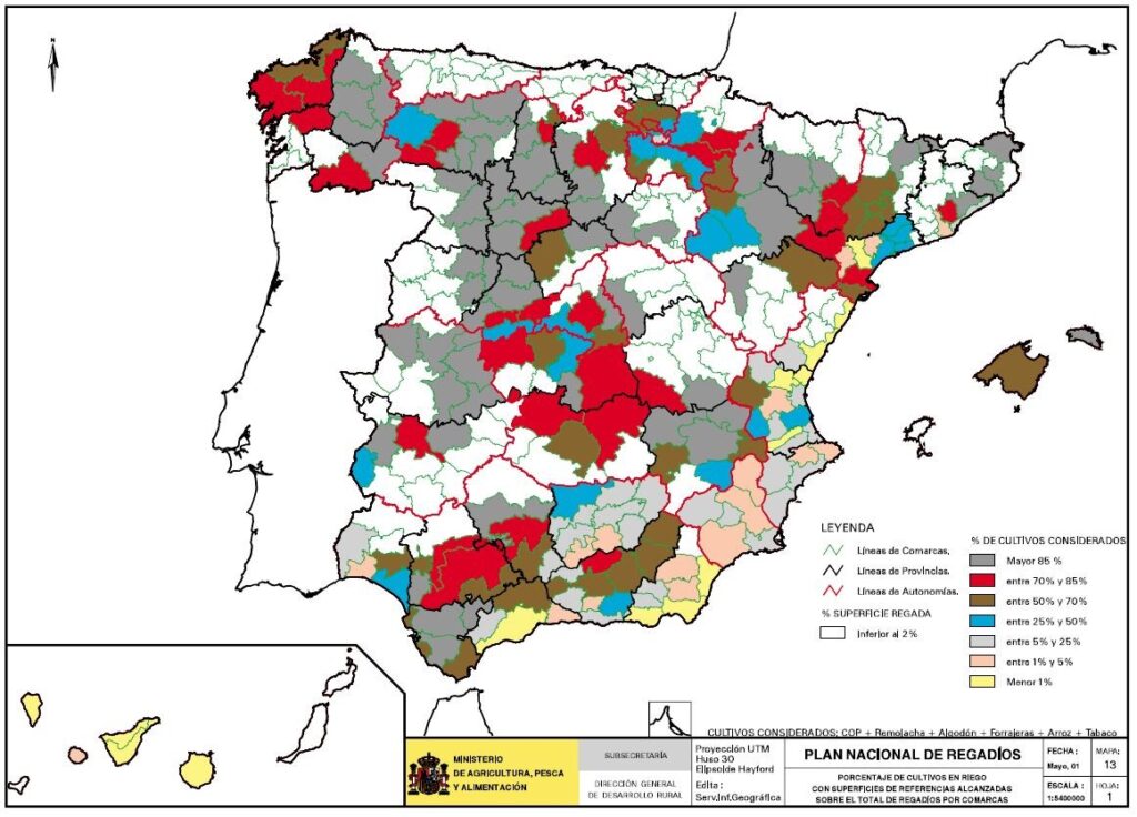 Mapa de España de los cultivos en riego con superficies de referencia sobre el total de regadío