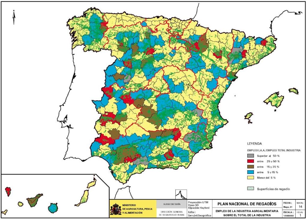 Mapa de España del porcentaje de empleo de la industria alimentaria sobre el total de la industria