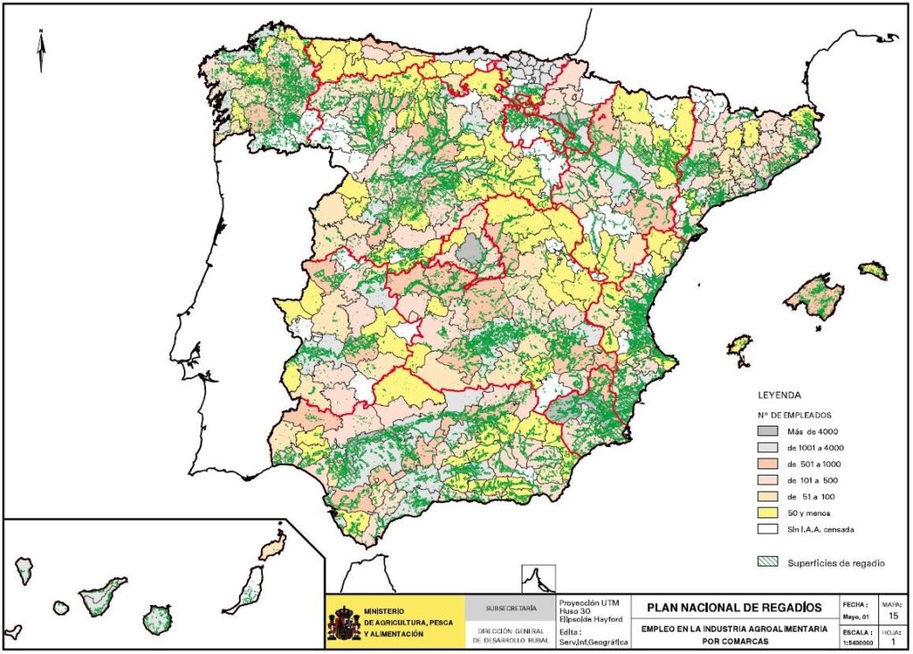 Mapa de España que representa el número de empleados de la industria alimentaria por comarcas