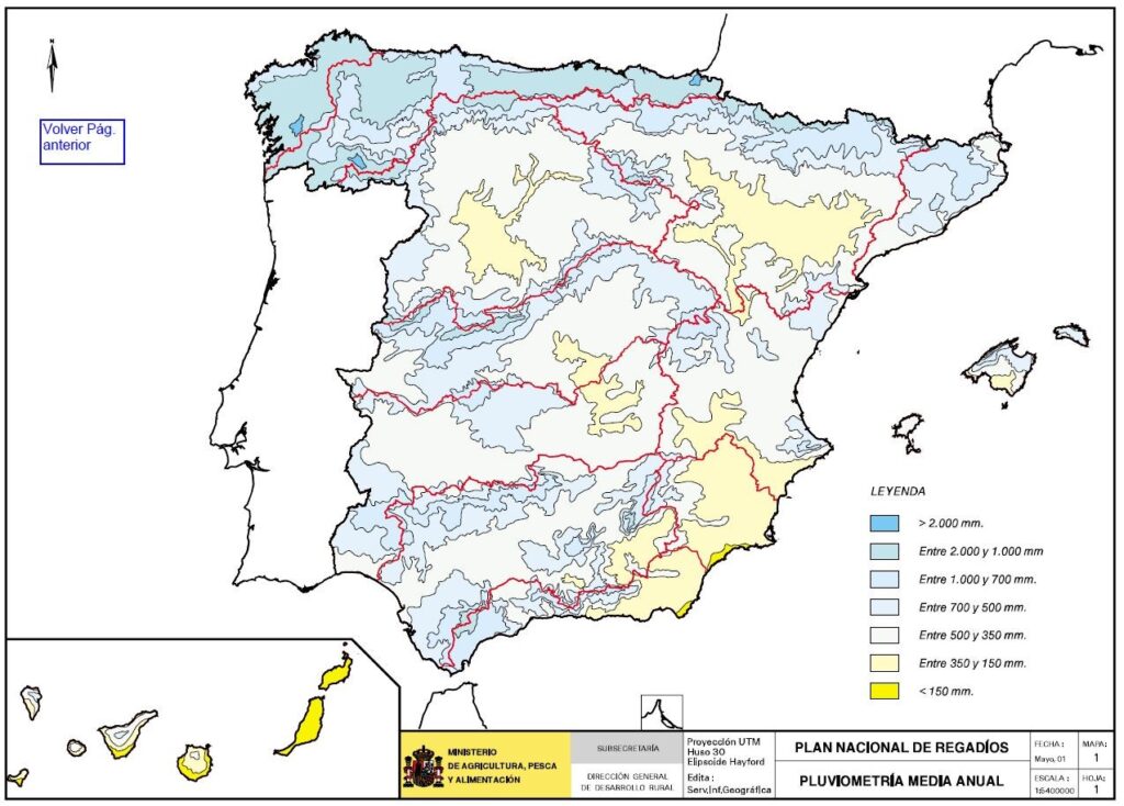 Mapa de España que representa la media anual de Pluviometria