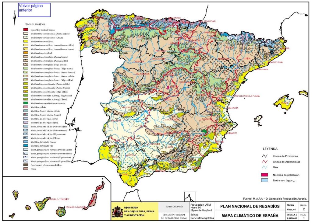 Mapa de España que representa los tipos climáticos por provincias, autonomías y ríos