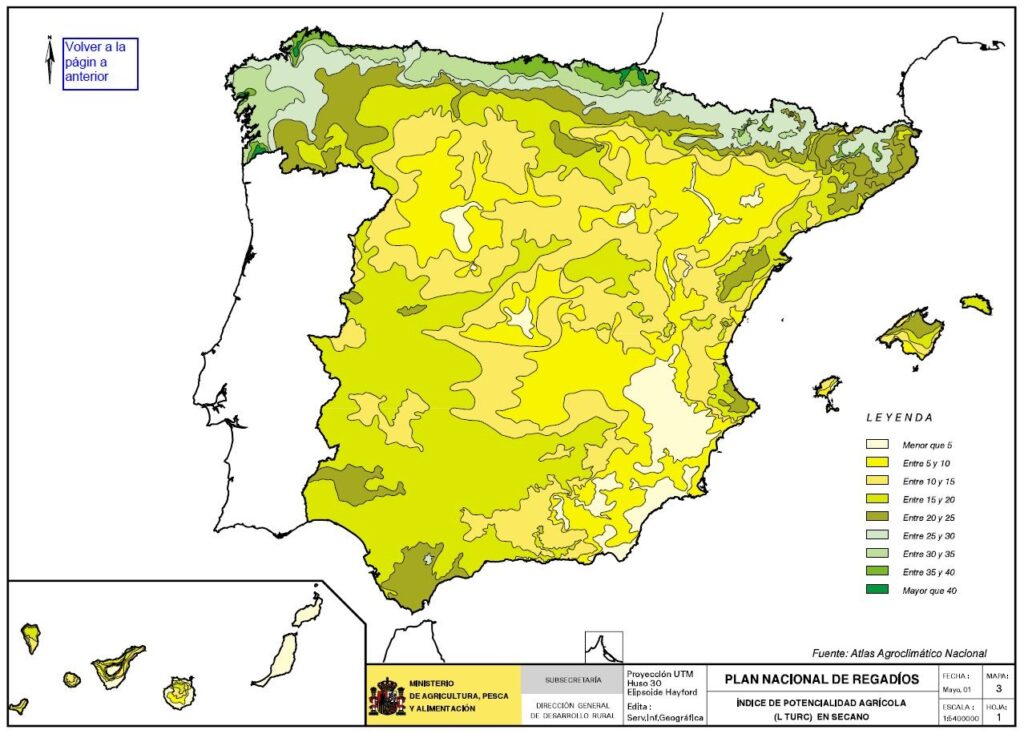 Mapa de España que representa el índice de potencial agrícola de L. Turc en secano
