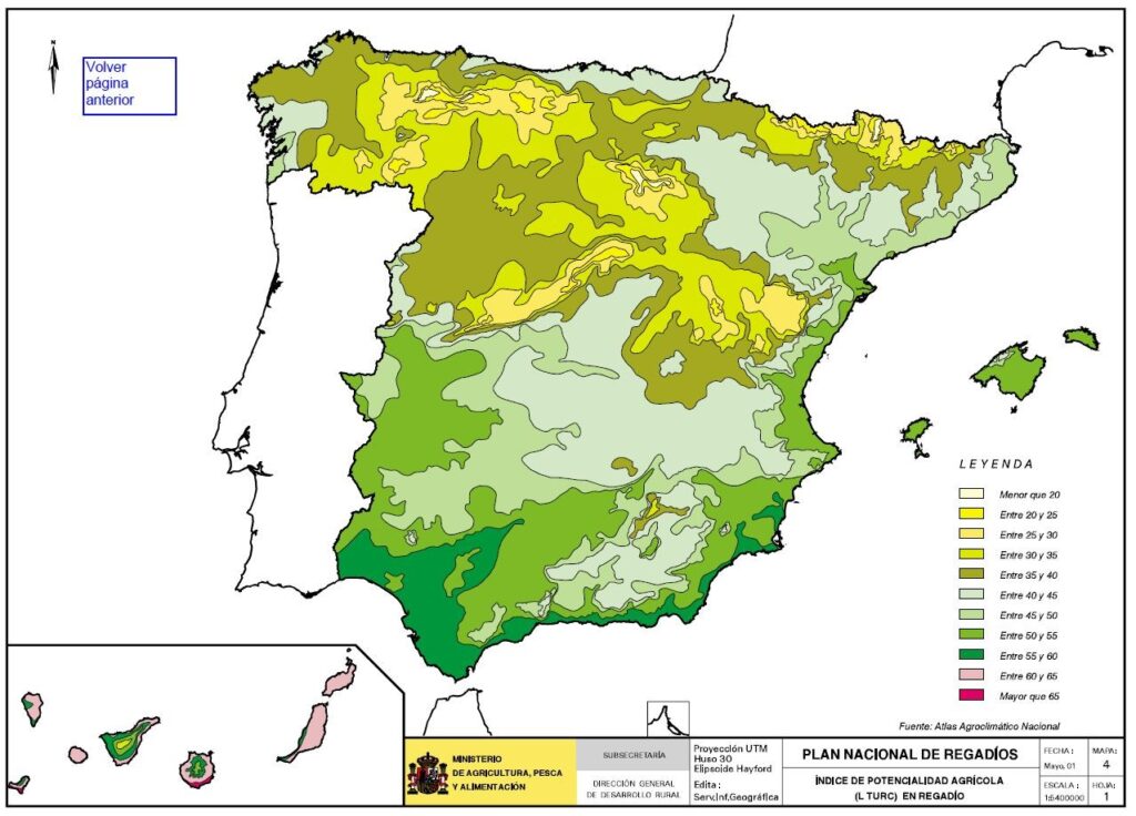 Mapa de España que representa el índice de potencial agrícola de L. Turc en regadío