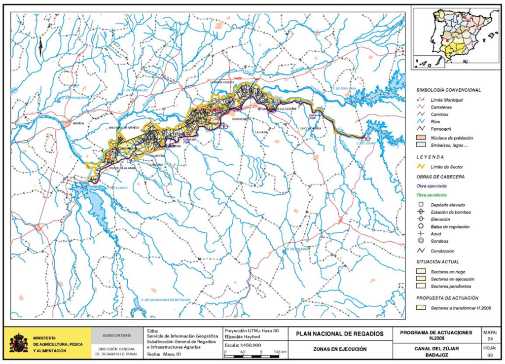 Mapa de Zújar (Badajoz) en que se representa su zona regable