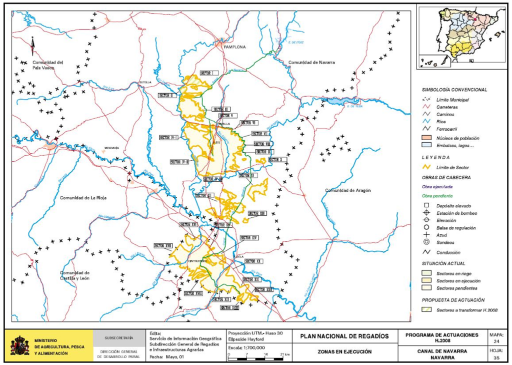 Mapa del Canal de Navarra en que se representa su zona regable