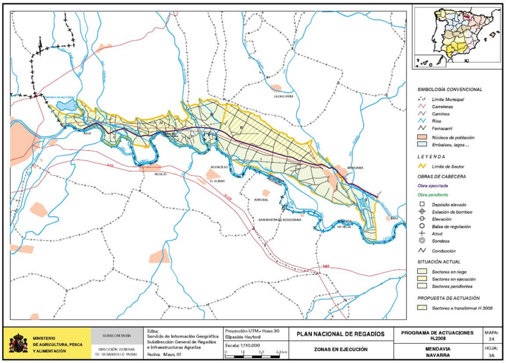 Mapa de Mandavia (Navarra) en que se representa su zona regable