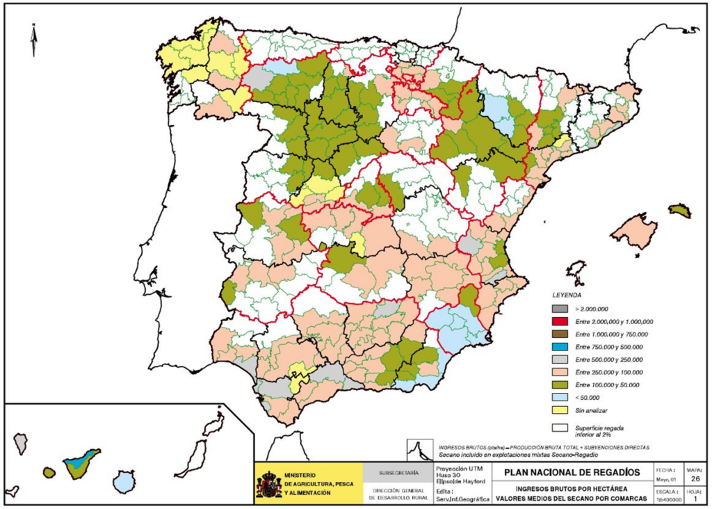 Mapa de España de los ingresos brutos por hectárea (valores medios del secano por comarca)