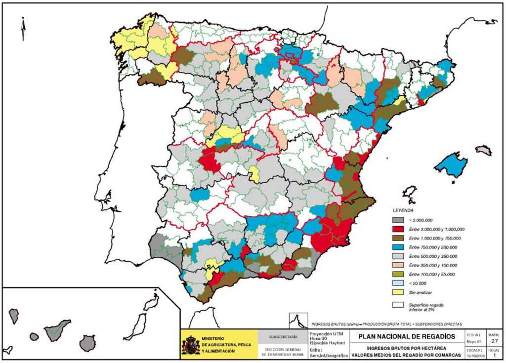 Mapa de España de los ingresos brutos por hectárea (valores medios del regadío por comarca)