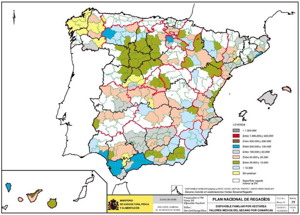 Mapa de España del disponible familiar por hectárea (valores medios del secano por comarca)