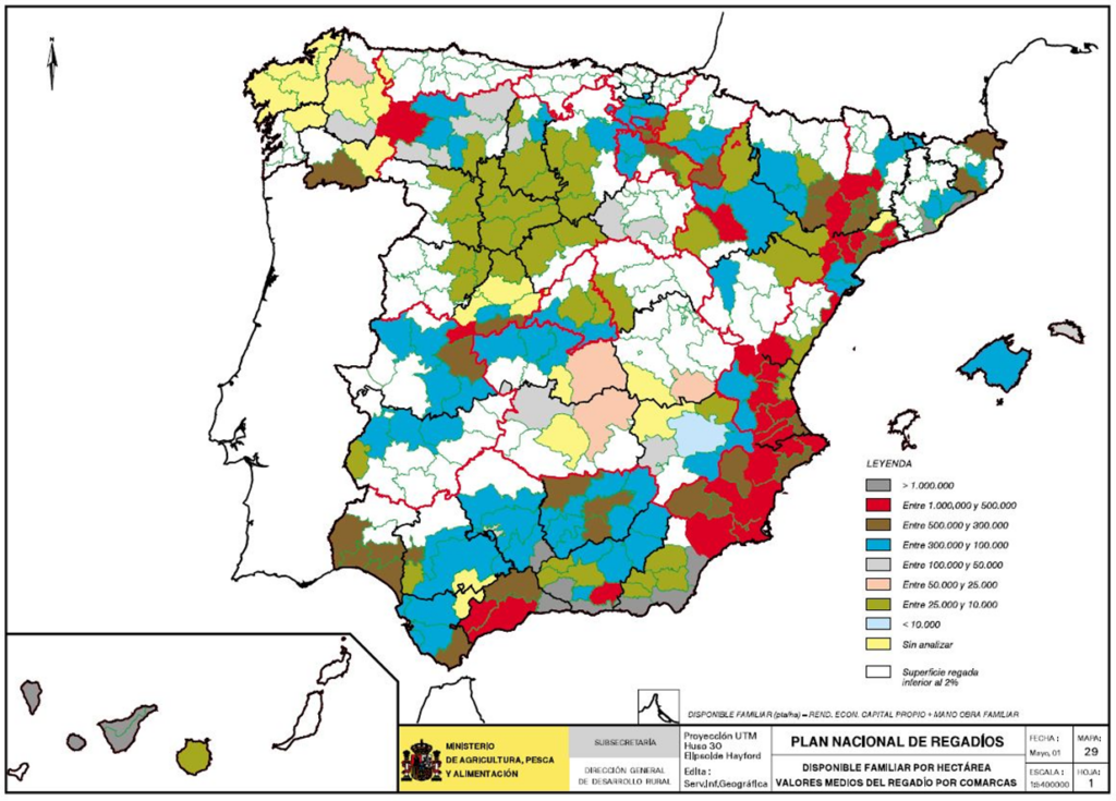 Mapa de España del disponible familiar por hectárea (valores medios del regadío por comarca)