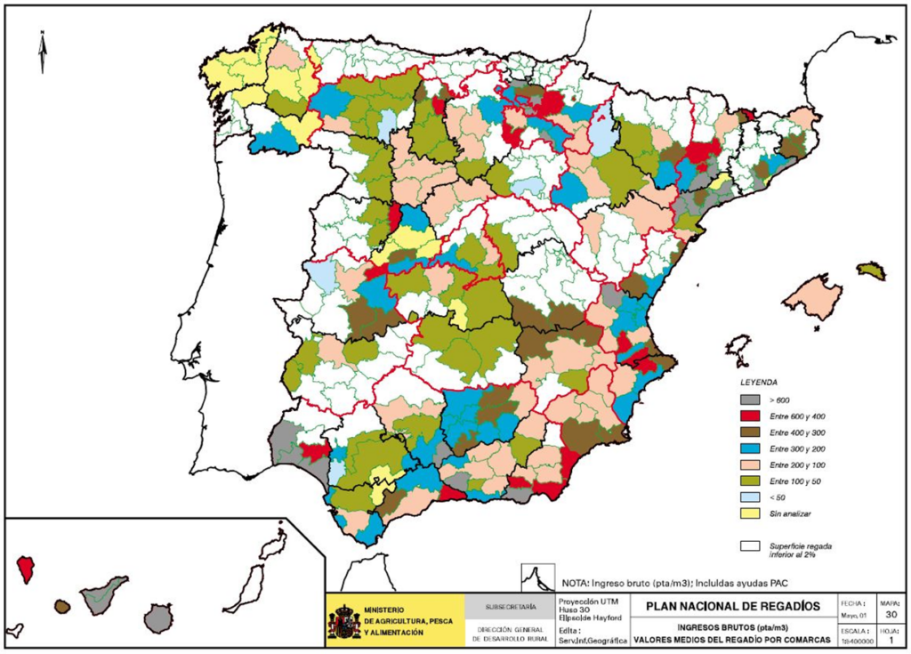 Mapa de España de ingresos brutos (valores medios del secano por comarca)