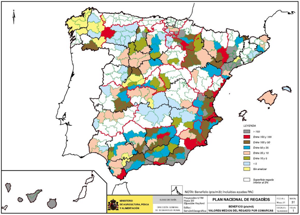 Mapa de España del beneficio (valores medios del secano por comarca)