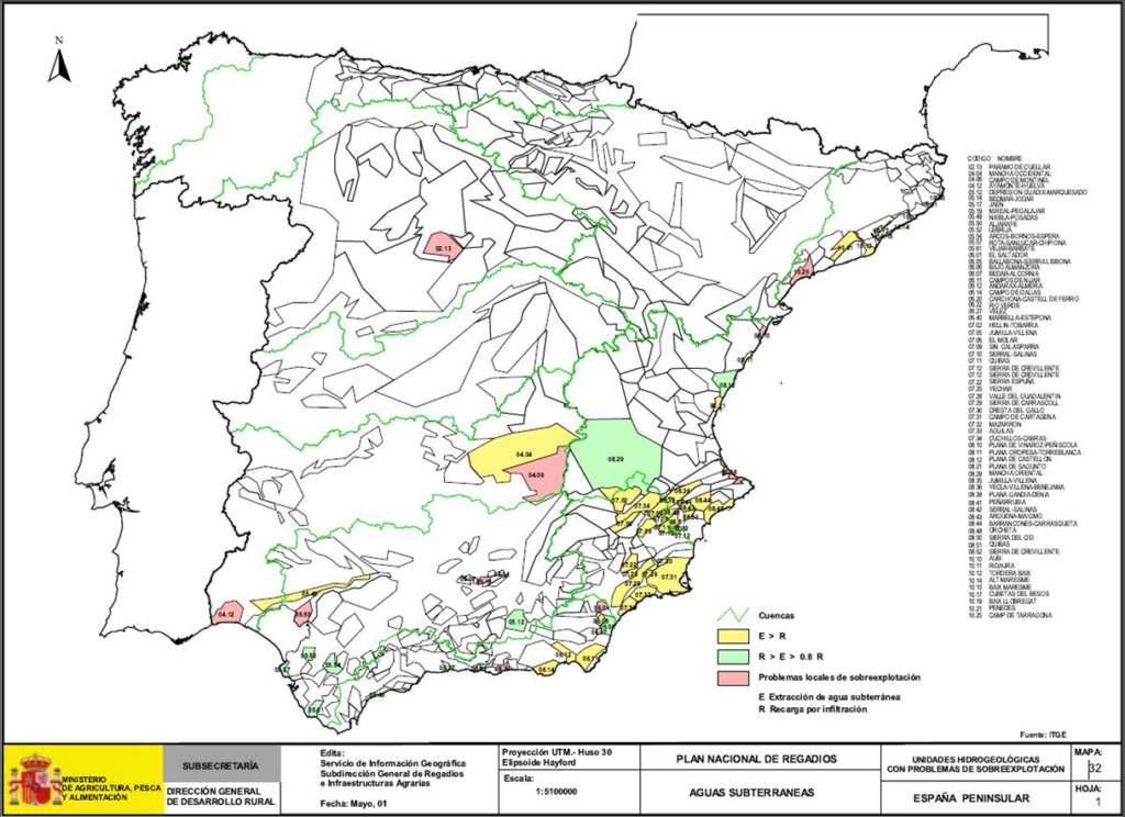 Mapa de la España peninsular que representa acuíferos sobreexplotados