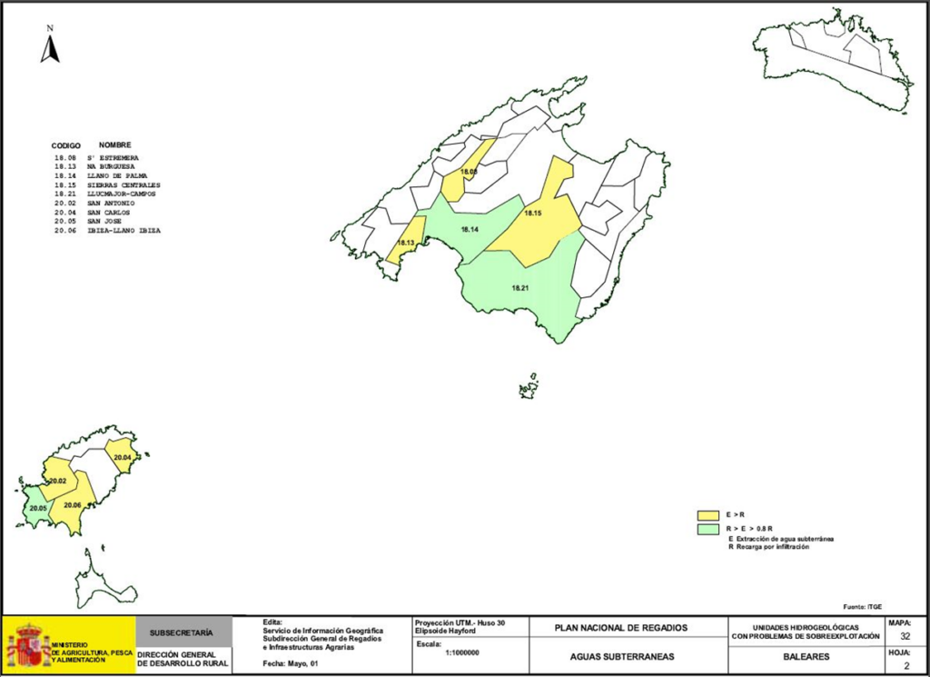 Mapa de Baleares que representa acuíferos sobreexplotados
