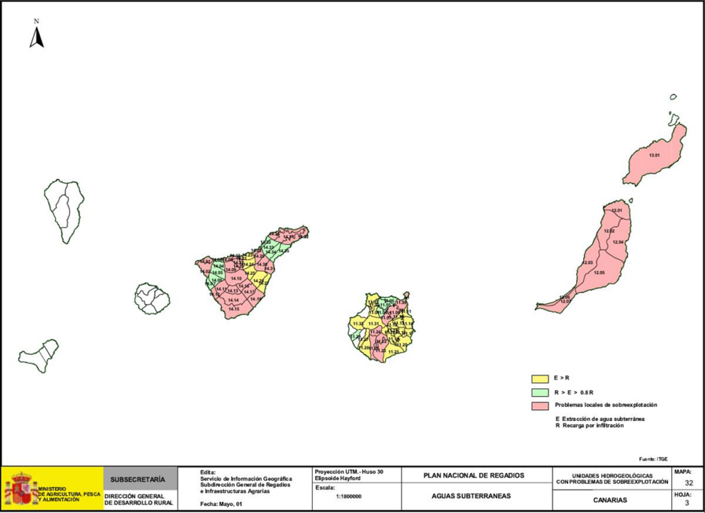 Mapa de Canarias que representa acuíferos sobreexplotados
