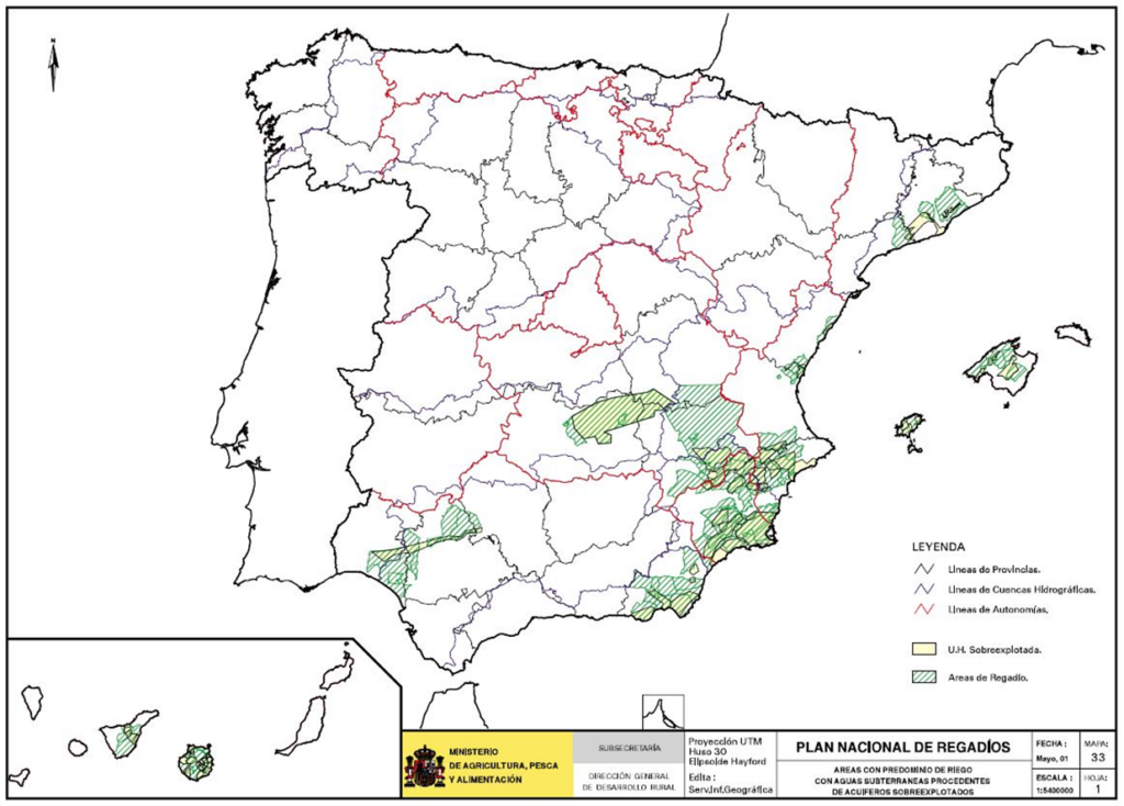 Mapa de España de las áreas con predominio de riego con agua de acuíferos sobreexplotados