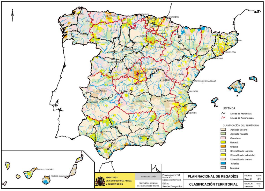 Mapa de regadíos españoles, ordenación del territorio y espacio rural (clasificación territorial)