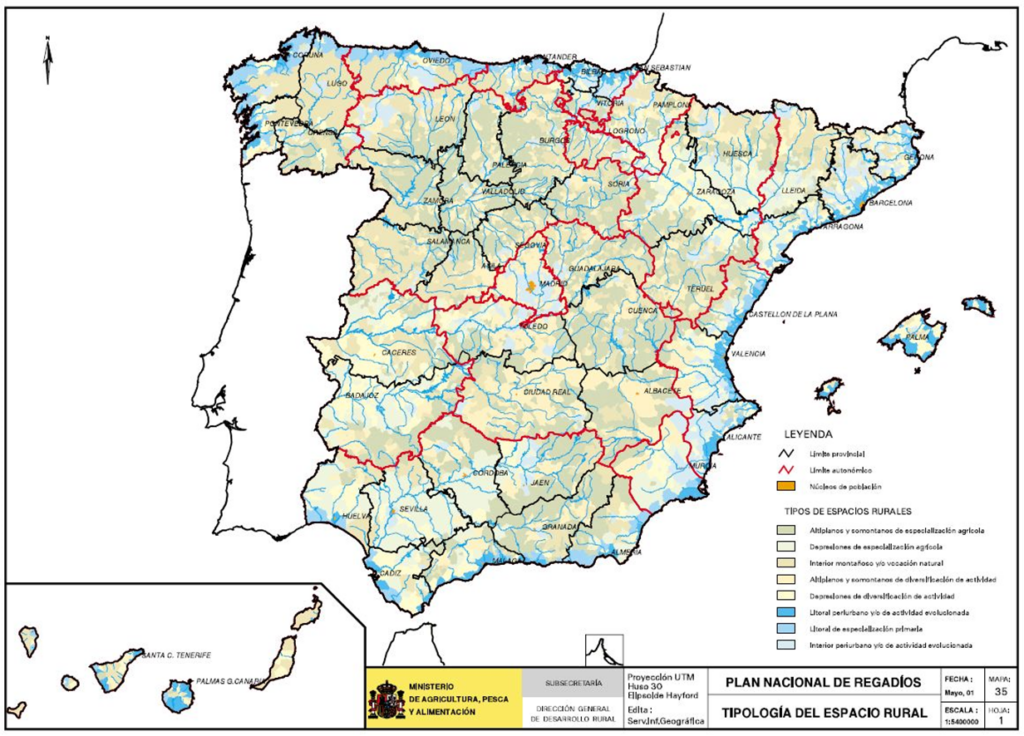 Mapa de regadíos españoles, ordenación del territorio y espacio rural (tipología del espacio rural)