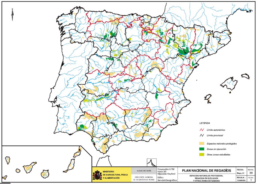 Mapa de España de los espacios rurales protegidos, regadíos en ejecución y nuevas zonas estudiadas