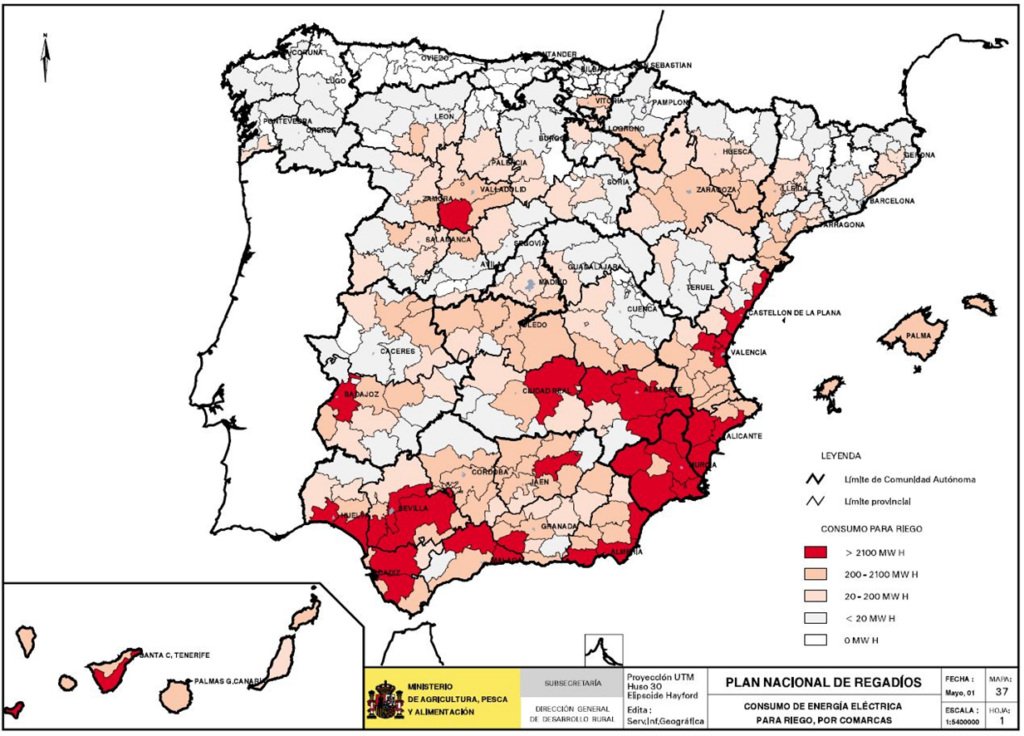 Mapa de España que representa el consumo de energía eléctrica para el riego por comarcas