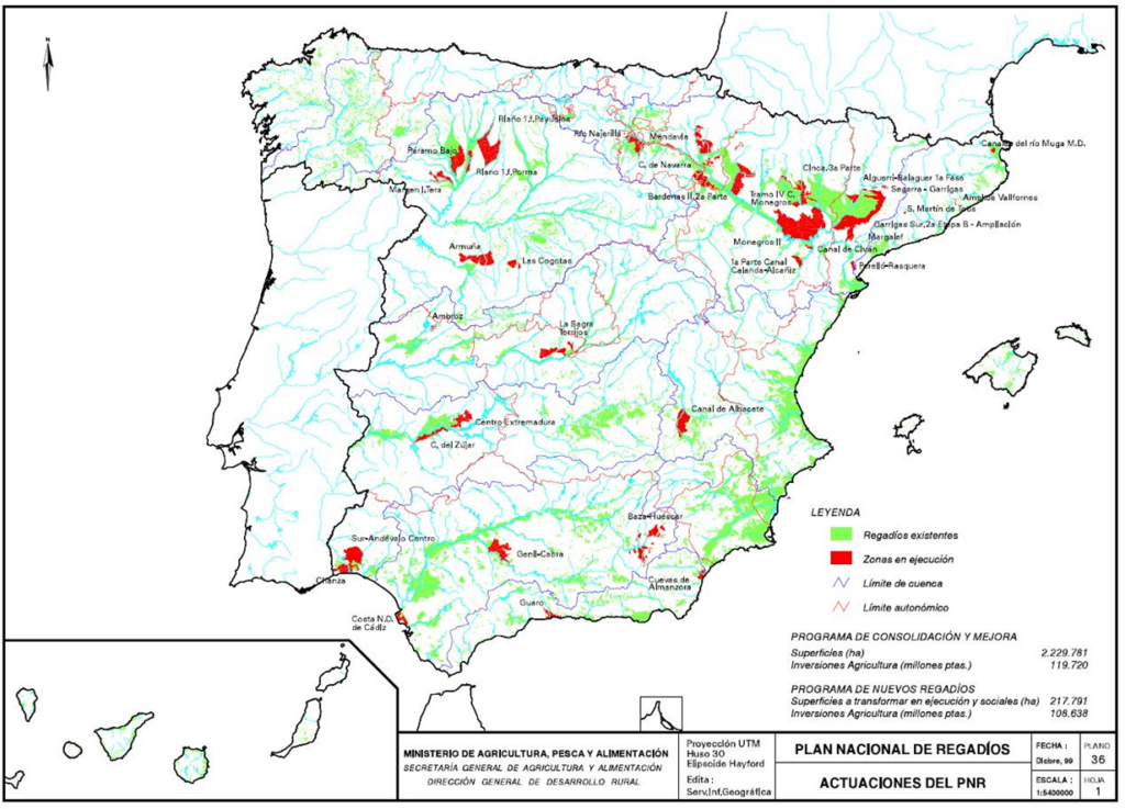 Mapa de España que representa las actuaciones del Plan Nacional de Regadíos (PNR)