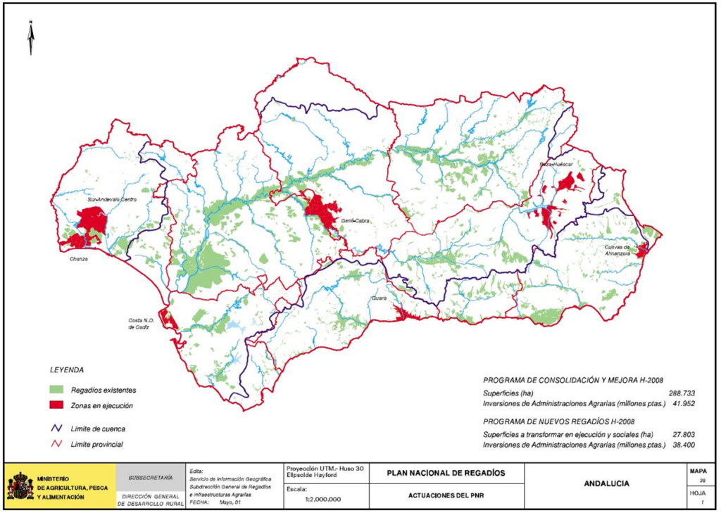 Mapa de la comunidad autónoma de Andalucía que representa las actuaciones del PNR