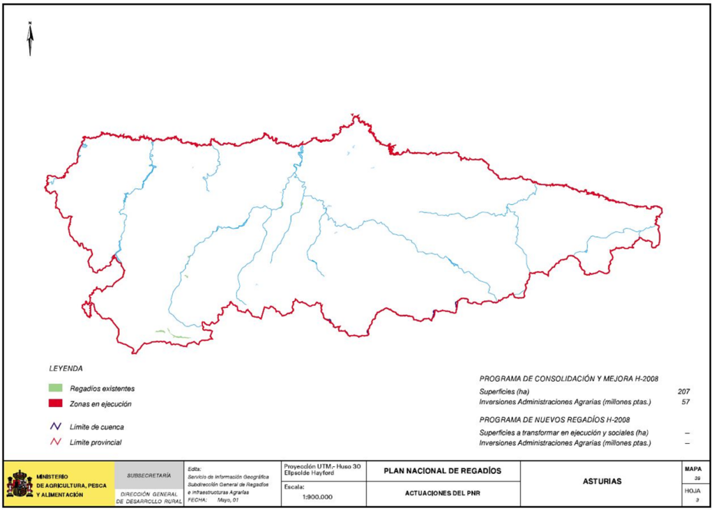 Mapa de la comunidad autónoma de Asturias que representa las actuaciones del PNR