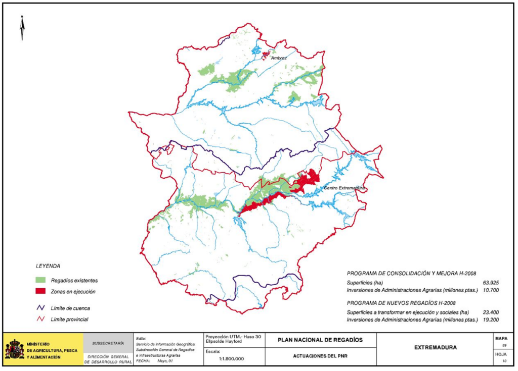 Mapa de la comunidad autónoma de Extremadura que representa las actuaciones del PNR