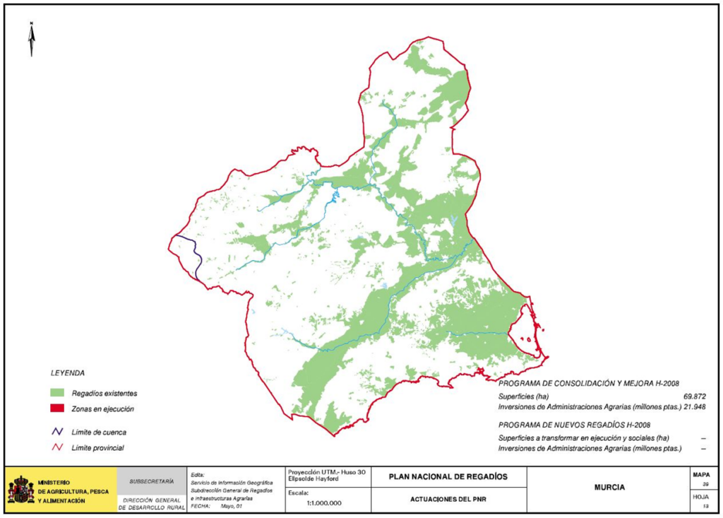 Mapa de la comunidad autónoma de Murcia que representa las actuaciones del PNR