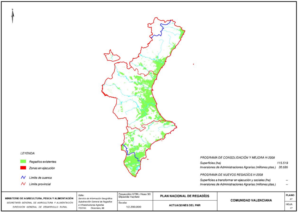 Mapa de la comunidad autónoma de Valencia que representa las actuaciones del PNR