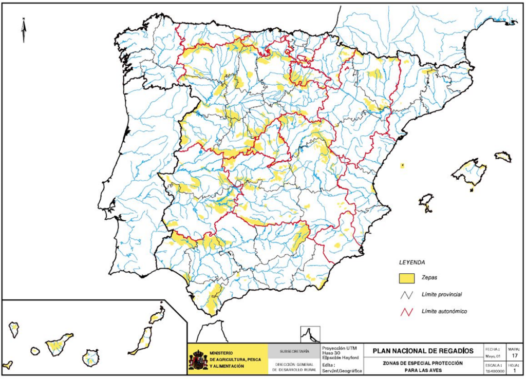 Mapa de España que representa las zonas de especial protección para las aves