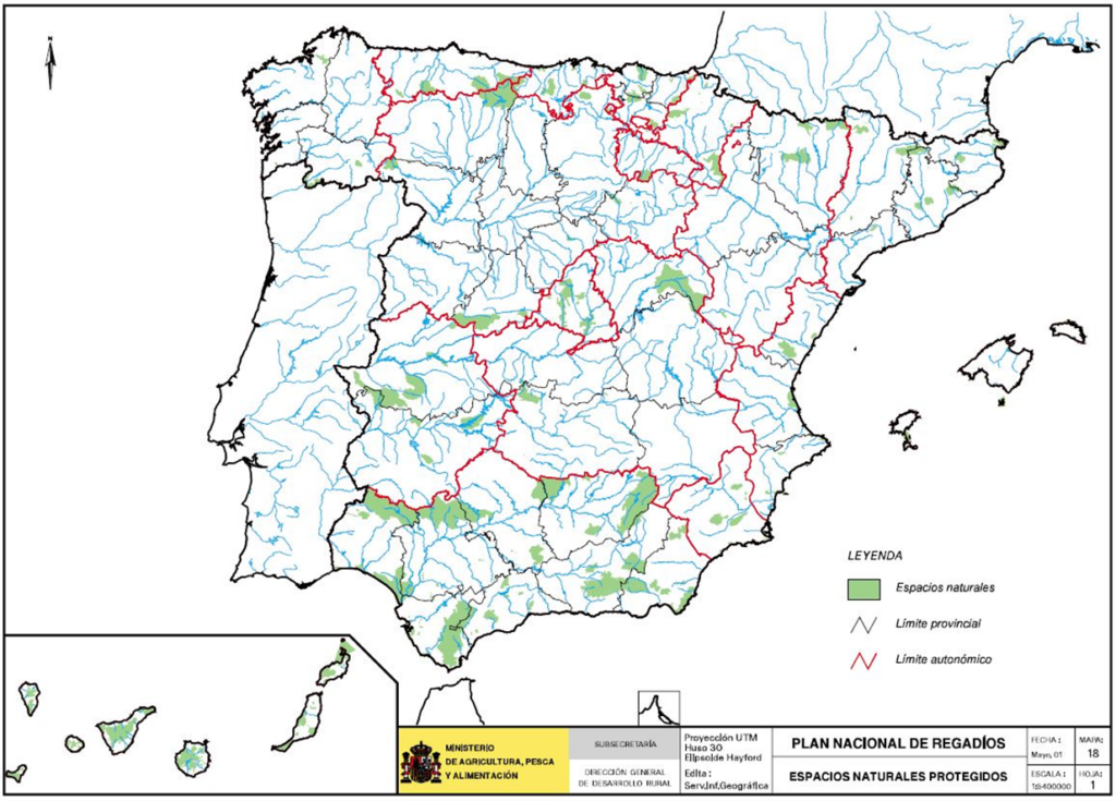 Mapa de España que representa los espacios naturales protegidos