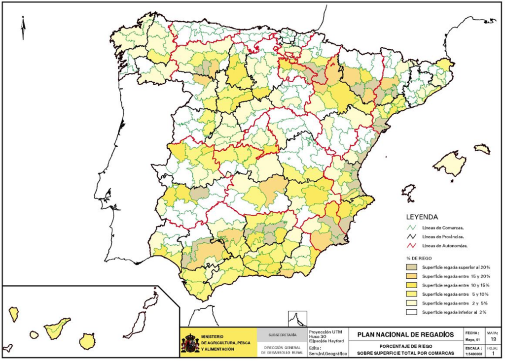 Mapa de España que representa el porcentaje de riego sobre superficie total por comarcas