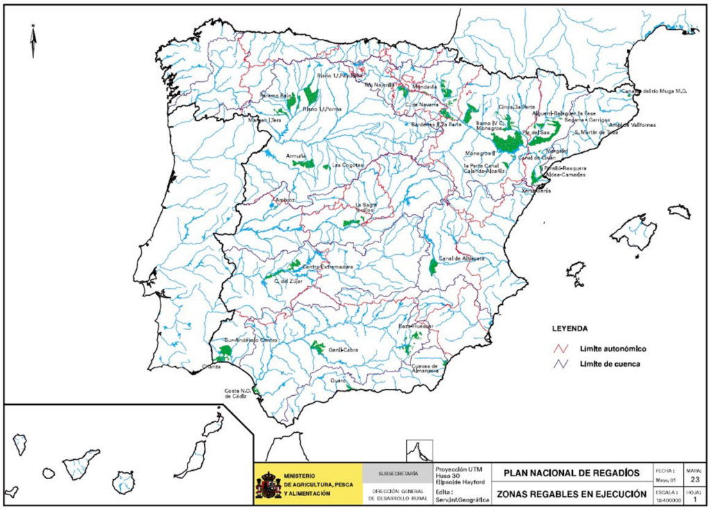 Mapa de España que representa los regadíos en ejecución