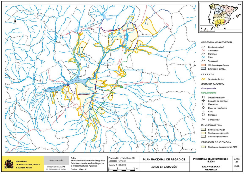 Mapa de Baza-Huescar (Granada) en que se representa su zona regable