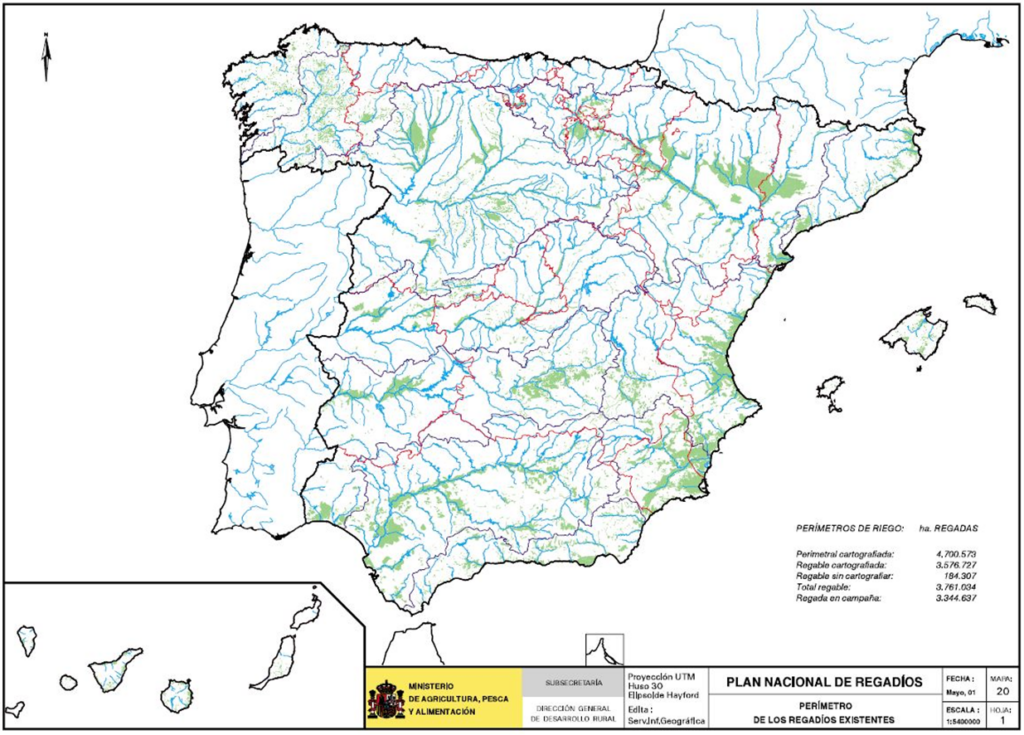 Mapa de España que representa los perímetros de los regadíos existentes