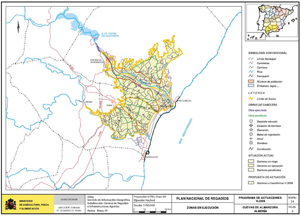 Mapa de Cuevas de Almanzora (Almería) en que se representa su zona regable