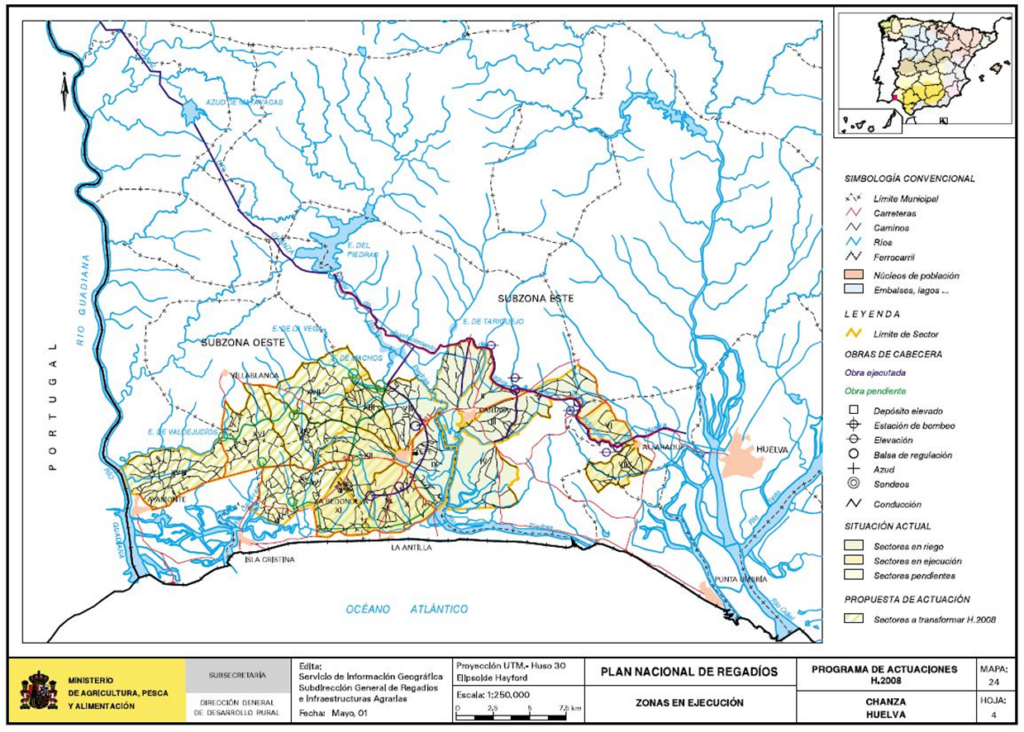 Mapa de Chanza (Huelva) en que se representa su zona regable