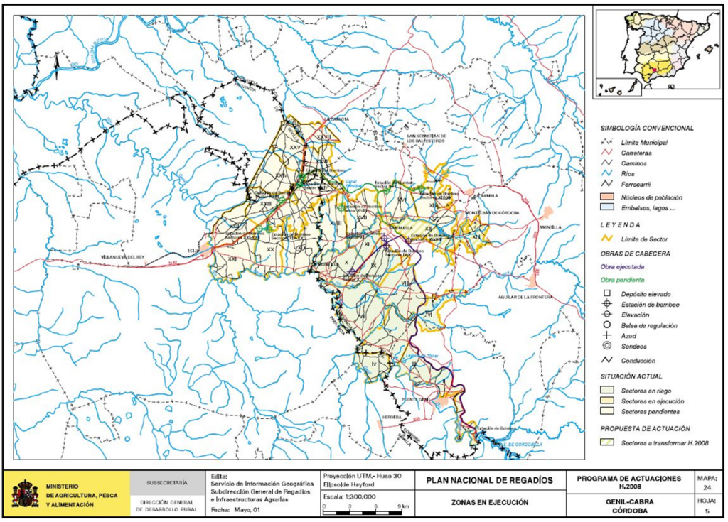 Mapa de Genil-Cabra (Córdoba) en que se representa su zona regable