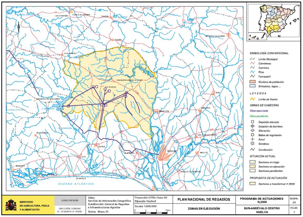 Mapa de Sur Andévalo-Centro (Huelva) en que se representa su zona regable