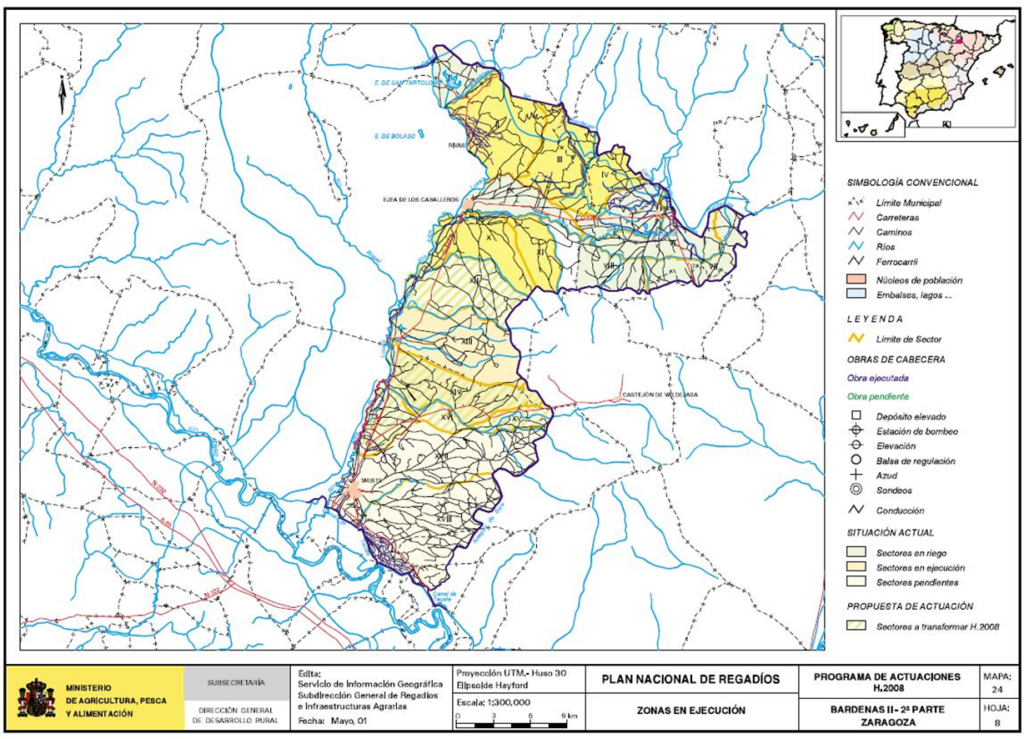 Segunda parte del mapa de Bárdenas (Zaragoza) en que se representa su zona regable