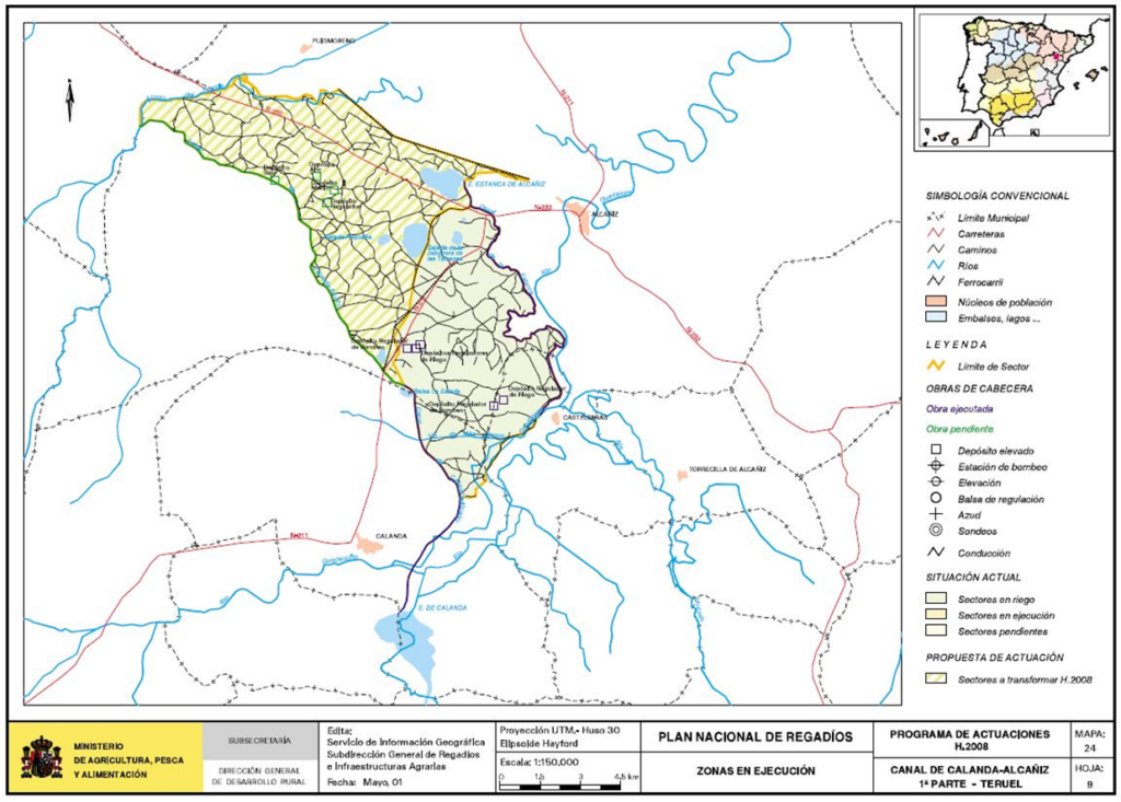 Primera parte del mapa de Calanda-Alcañiz (Teruel) en que se representa su zona regable